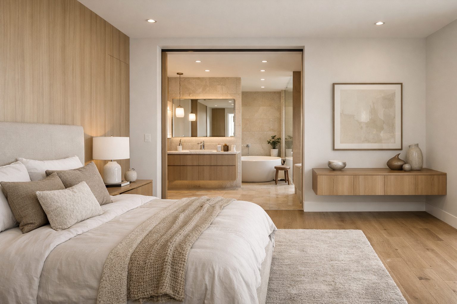 Soft minimalist bedroom with linen bedding and morning light