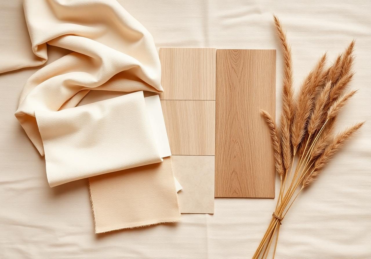 Neutral fabric, oak and stone samples on a beige linen surface