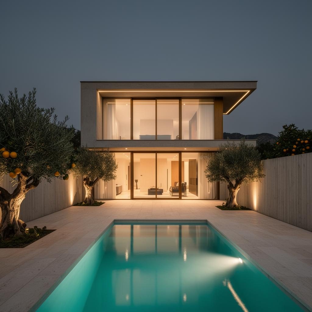 Gedera new modern private house exterior with swimming pool at dusk