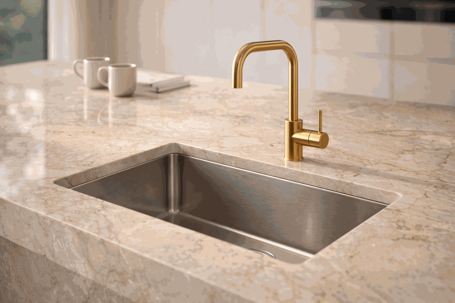 Marble kitchen island with brass fixtures and soft natural light