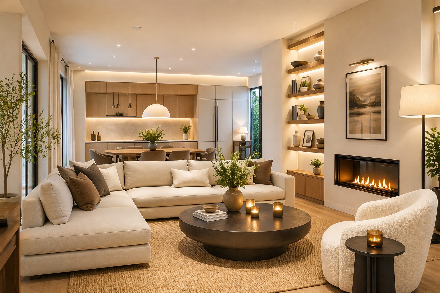 Layered lighting in a warm contemporary living room