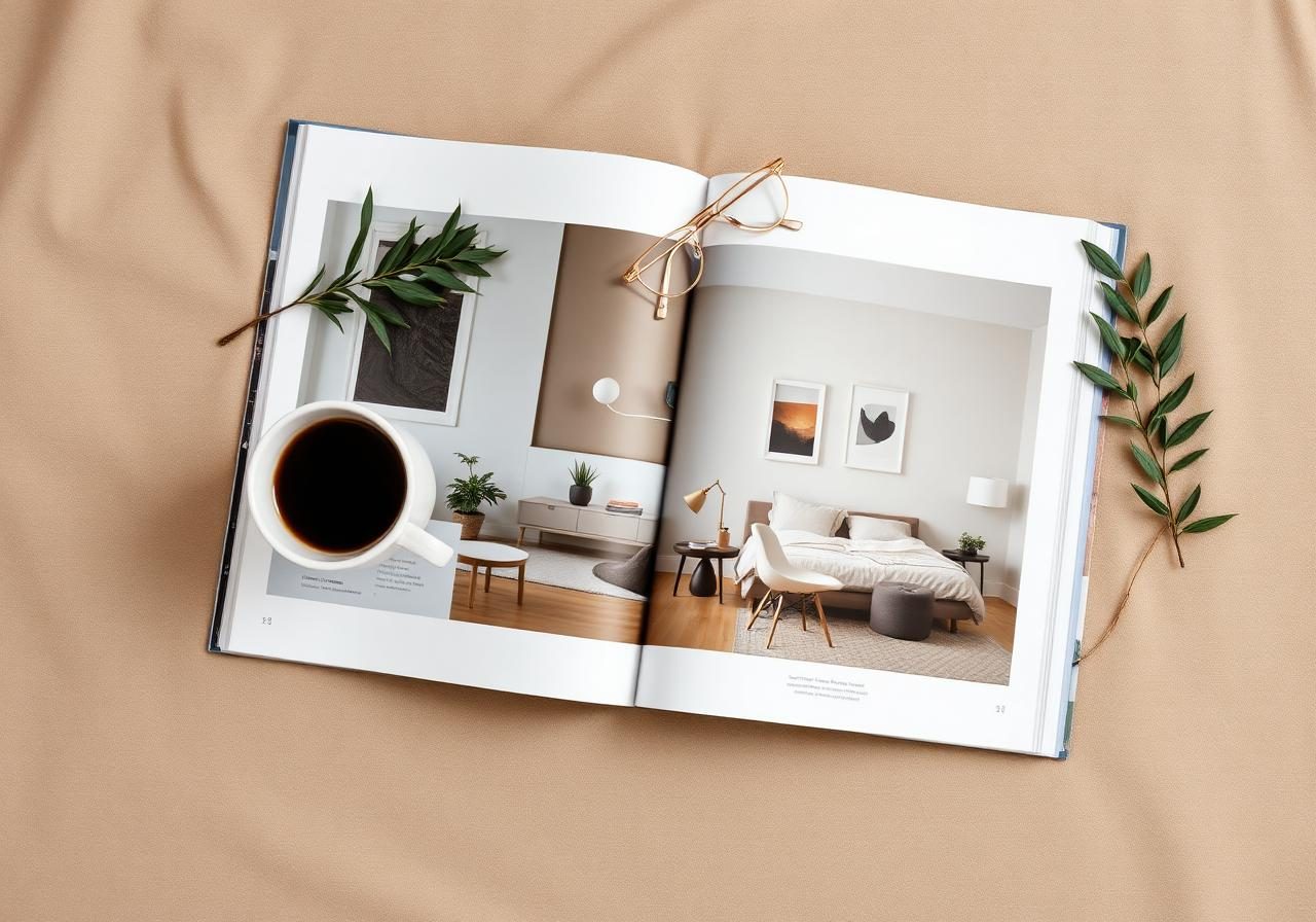 Open interior design magazine featuring a luxury home