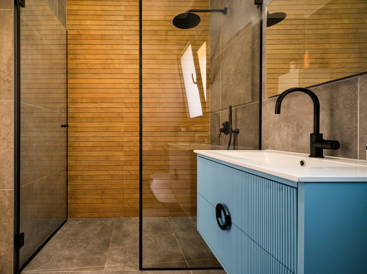 Rishon LeZion bathroom with wood-panel shower